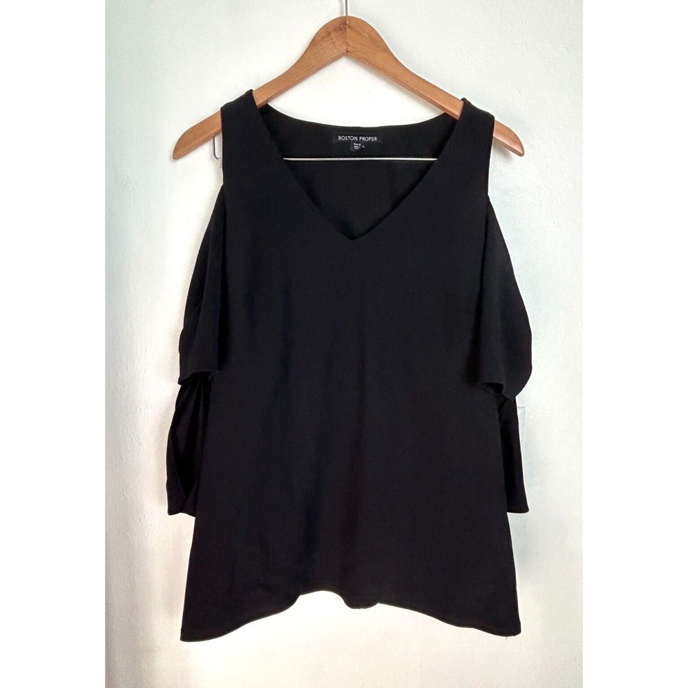 Boston Proper Blouse Women’s Small Black Cold Shoulder Shirt Top Short Sleeve